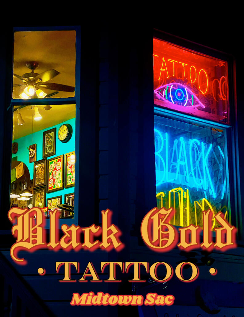 Night time at Black Gold Tattoo Black Gold Tattoo at night — Midtown Sacramento tattoo studio exterior illuminated, showcasing the shop’s logo and welcoming atmosphere on J Street