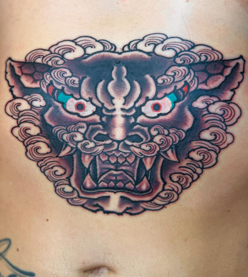Japanese foo dog tattoo Traditional Japanese foo dog tattoo on clients belly