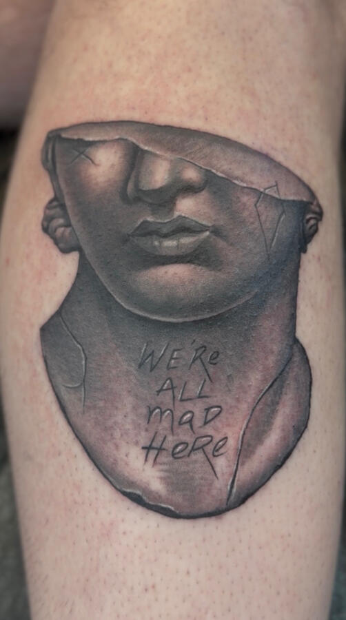 Realistic black and gray statue tattoo Realistic style black and gray tattoo of Greek statue