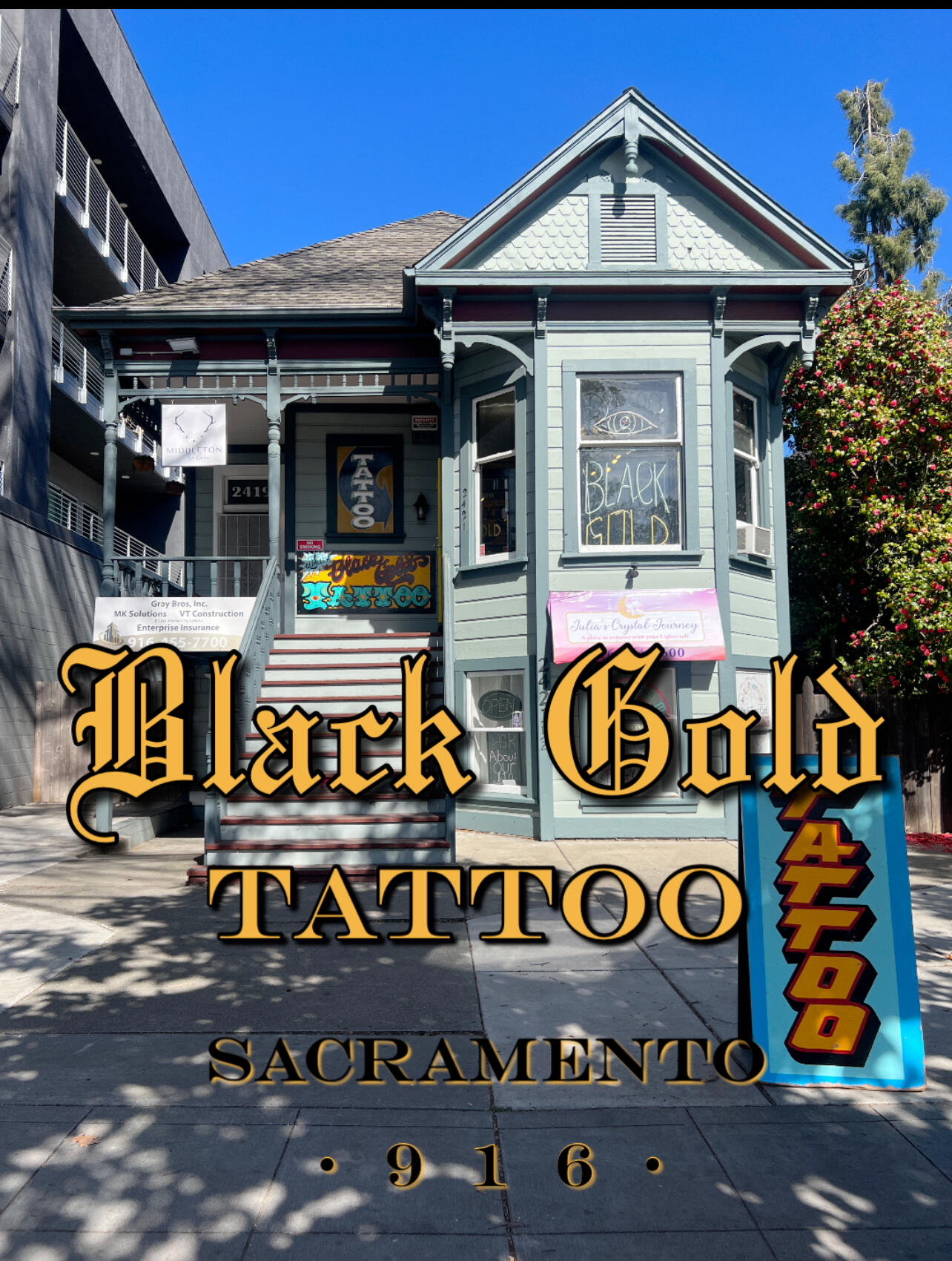 Halloween tattoo event flyer – black Gold tattoo, midtown Sacramento Halloween tattoo flash event at Black Gold Tattoo in Midtown Sacramento featuring spooky, creepy, fun, and custom tattoo designs, October 24–26, 2025